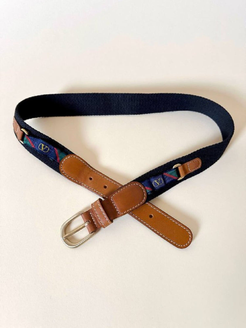Cintura Valentino Garavani in pelle cuoio e tessuto con ribbons regimental logati