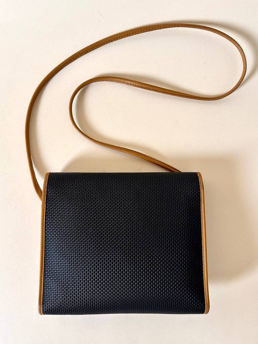 Borsa bandoulière Yves Saint Laurent in tessuto tramato nero con dettagli in pelle cuoio