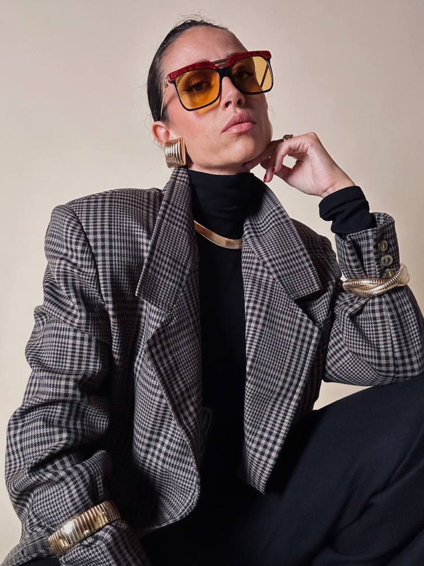 Blazer sartoriale in rasato di lana principe di Galles fango e nero
