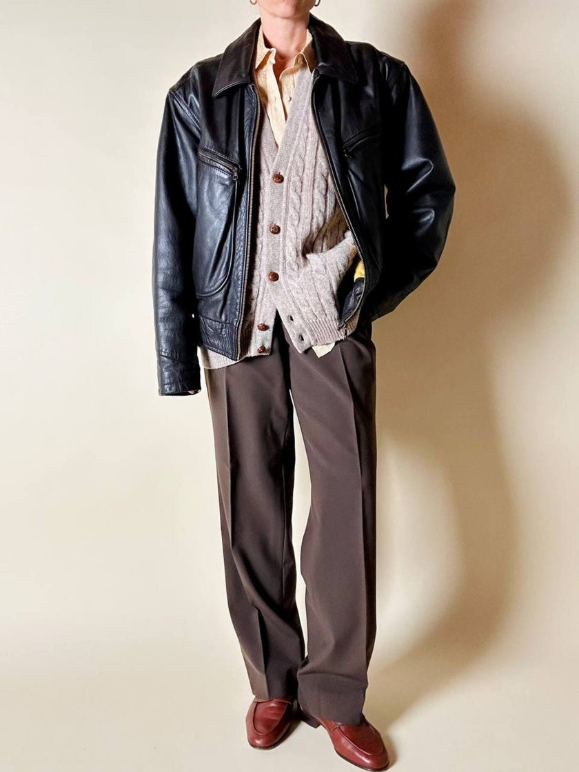 Bomber aviator in pelle testa di moro con fodera gialla matelassé