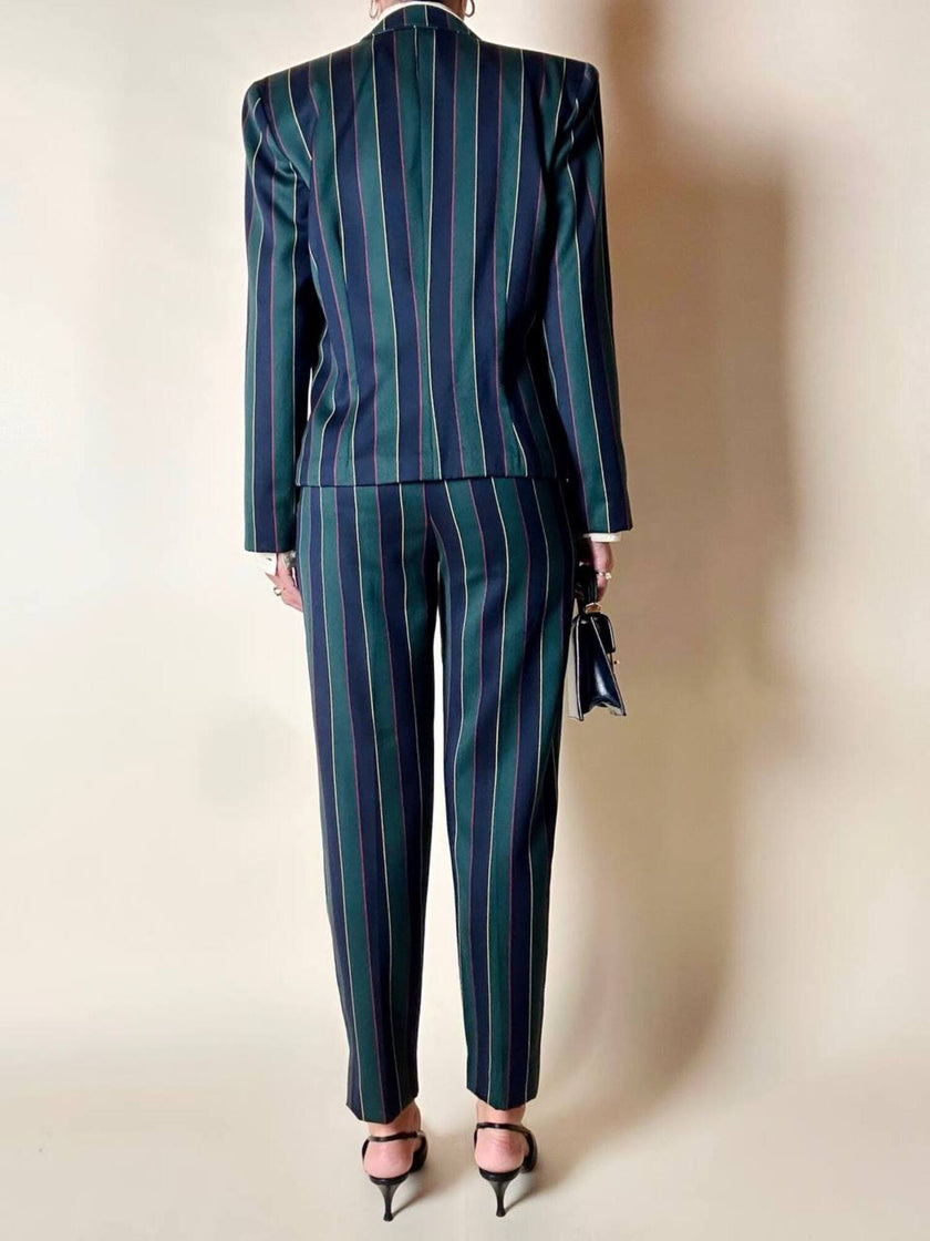 Witty Girl ensemble in bottle green and midnight blue vertical-striped wool jersey
