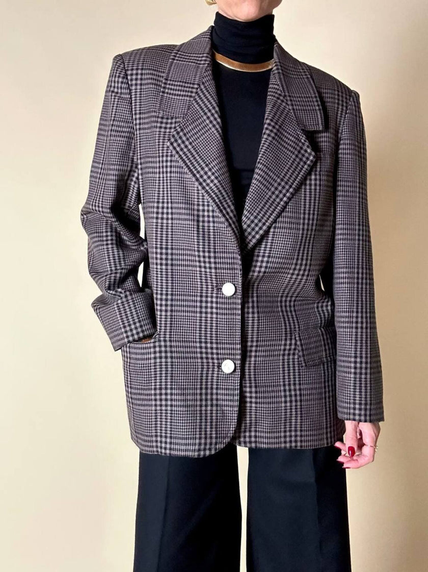 Blazer sartoriale in rasato di lana principe di Galles fango e nero