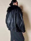 Bomber fatto a mano in pelle nera con maxi collo in mongolia