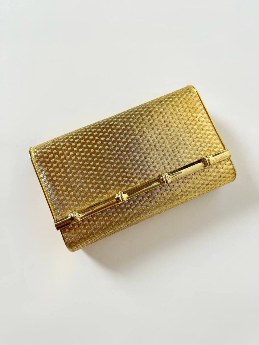 Clutch-Minaudière vintage in metallo oro satinato con dettaglio bambù