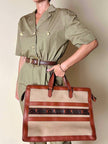 Borsa Yves Saint Laurent in canvas beige con profili color cuoio e motivo greca con logo