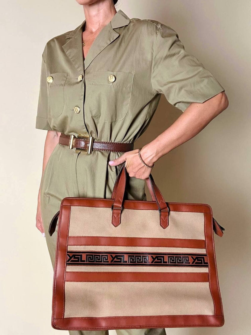 Borsa Yves Saint Laurent in canvas beige con profili color cuoio e motivo greca con logo