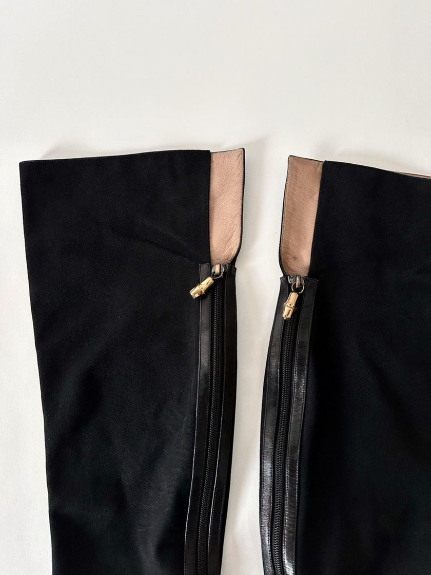 Stivali cuissard vintage Gucci in canvas nero  con zip posteriore e dettaglio bambù