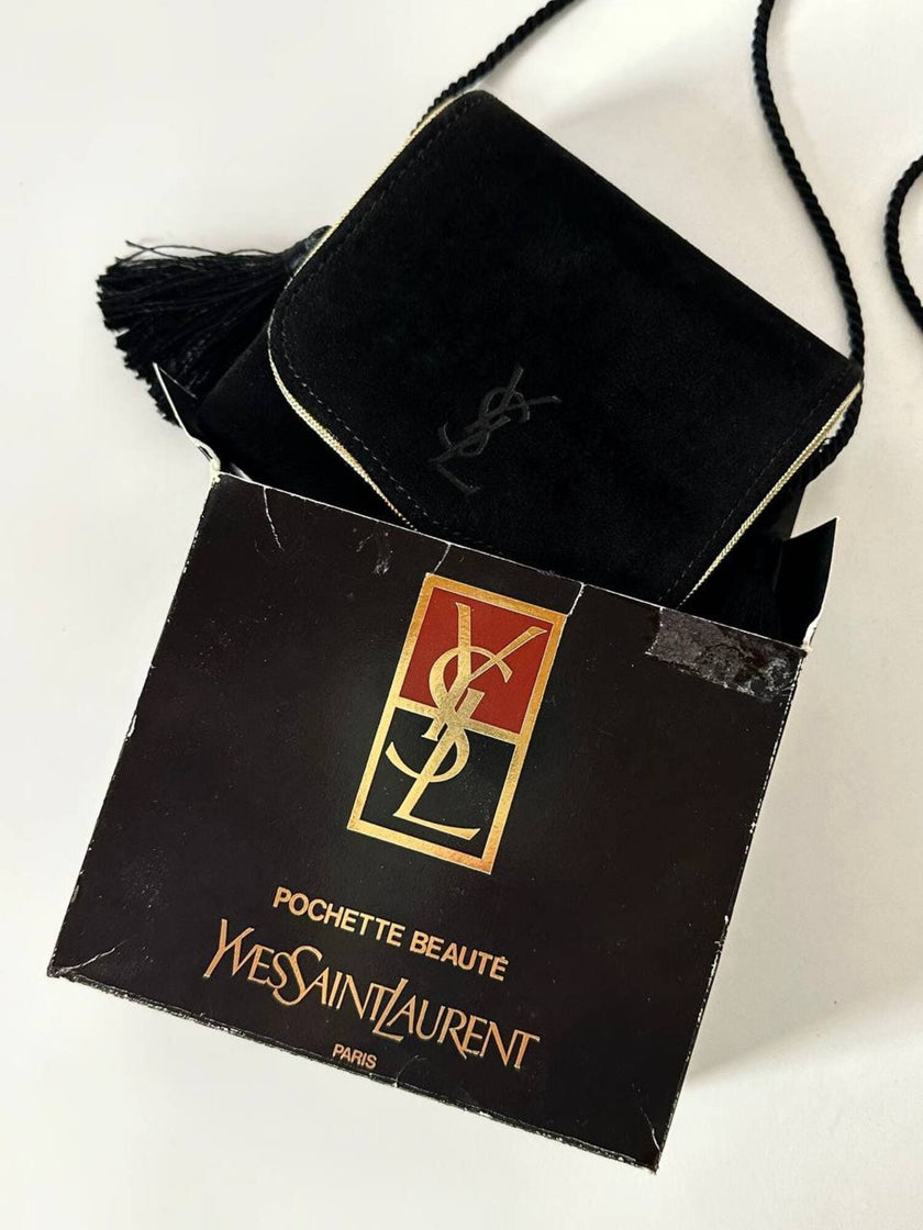 Pochette Beauté vintage Yves Saint Laurent in camoscio nero con nappine e specchio