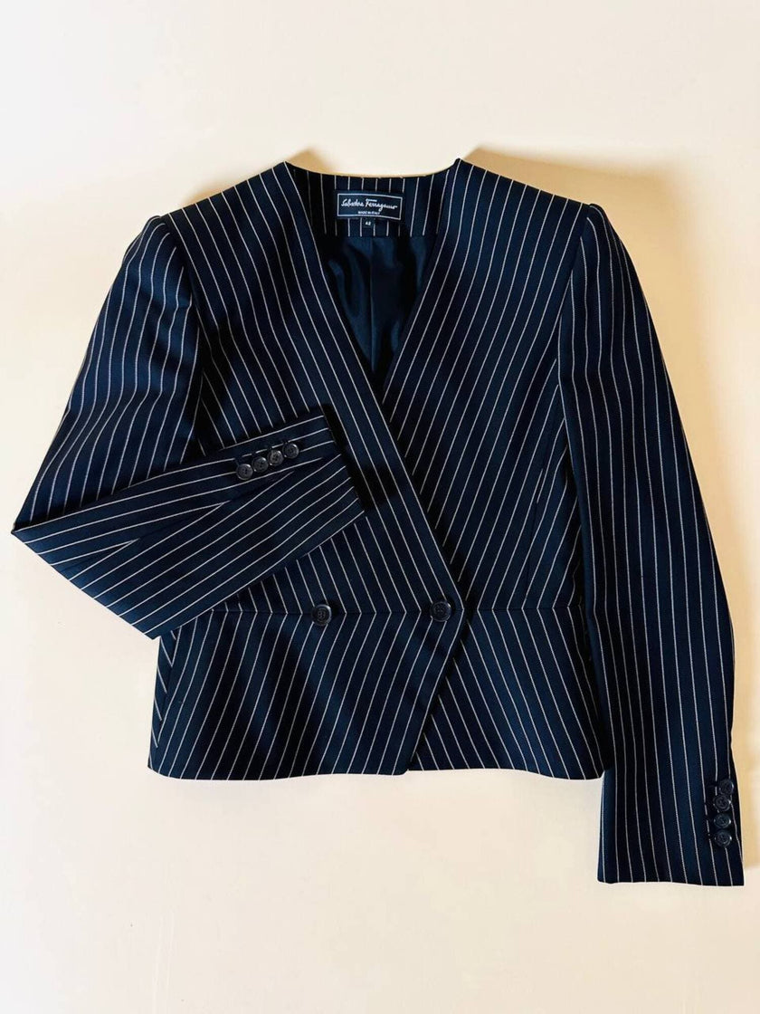 Mini blazer doppiopetto gessato in lana nera “Salvatore Ferragamo”