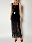 Gonna a tubino vintage Ivoire De Laurence Paris in jersey nero con frange lunghe