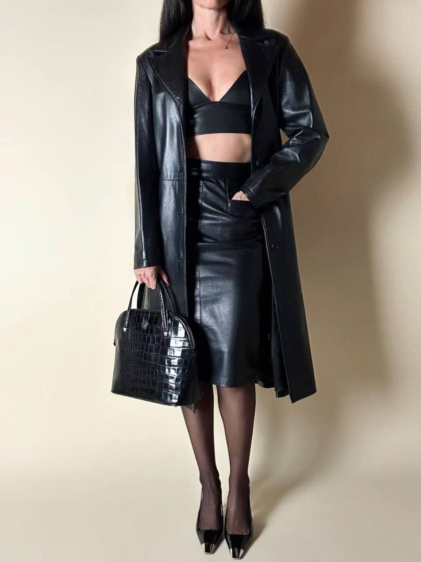 Cappotto/Robe Manteau vintage in pelle nera con spacco posteriore The Bomb