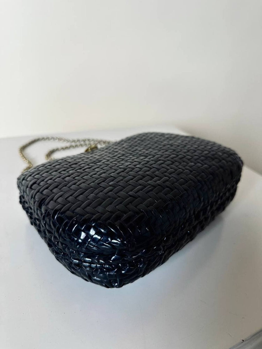 Borsa vintage Rodo in midollino nero con tracolla a catena oro