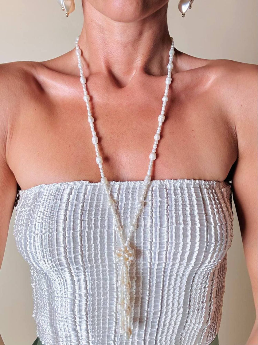 Top a fascia elaticizzato in raso goffrato bianco