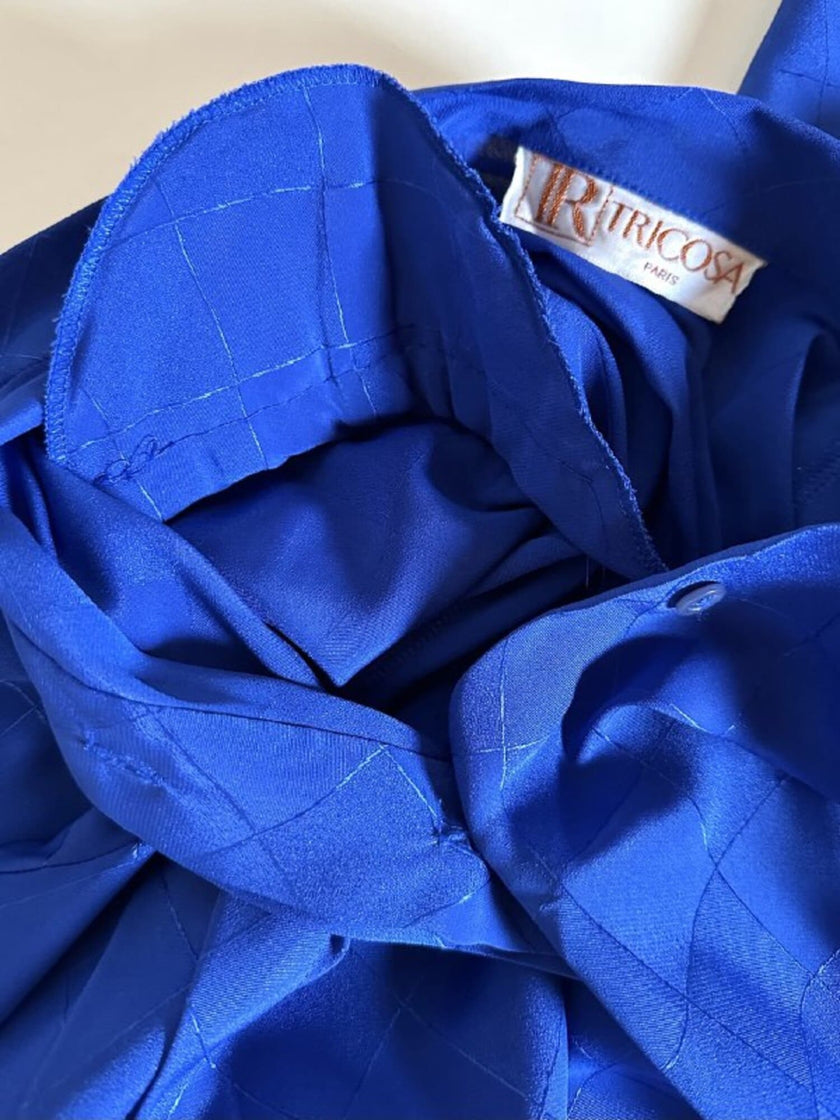 Camicia vintage Tricosa Paris in tessuto jacquard operato a losanghe bluette con nastro al collo
