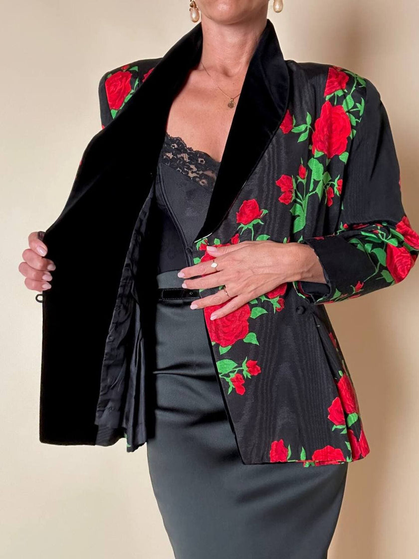 Blazer doppiopetto in tessuto moiré fantasia rose rosse
