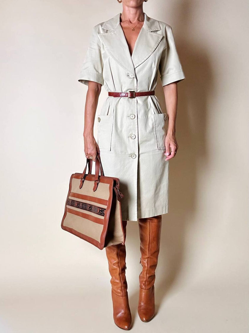 Borsa Yves Saint Laurent in canvas beige con profili color cuoio e motivo greca con logo