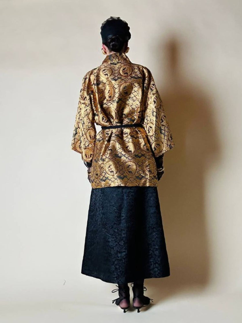 Abito a fascia in broccato di seta nero fantasia orientale