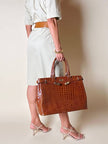 Maxi borsa in pelle stampa coccodrillo color cuoio