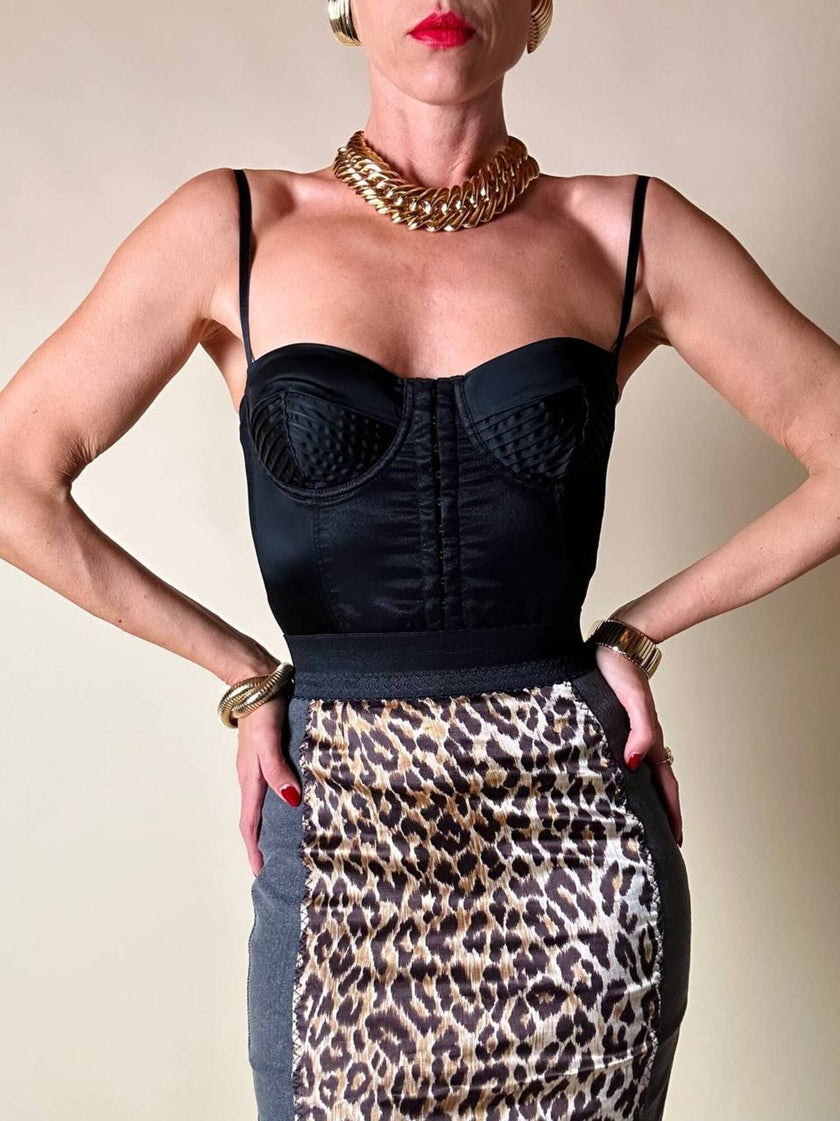 Schwarzes Satin-Bustier mit Tülleinsatz