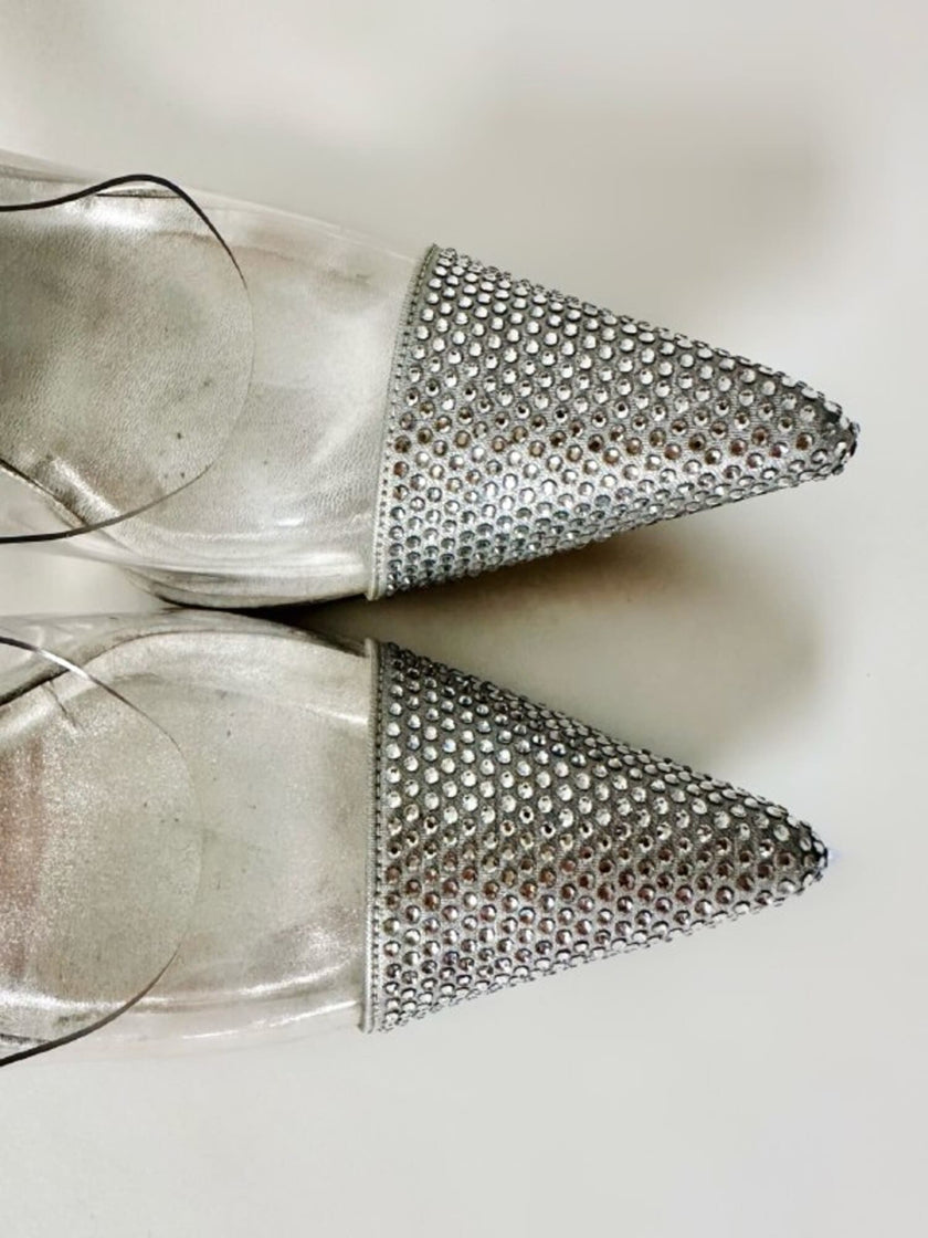 Slingback vintage a punta in plexi e strass argento Stuart Weitzman