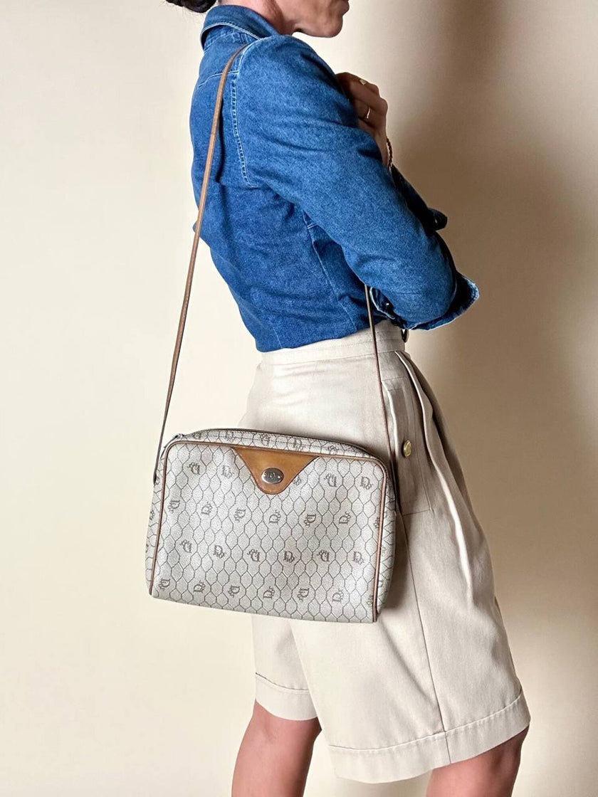 Borsa Christian Dior in tessuto jacquard logato beige con dettagli in pelle cuoio