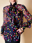 Camicia con fiocco in chiffon di seta nero a pois multicolor “D&G”