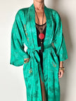 Green rayon jacquard kimono robe with multicolor embroidery