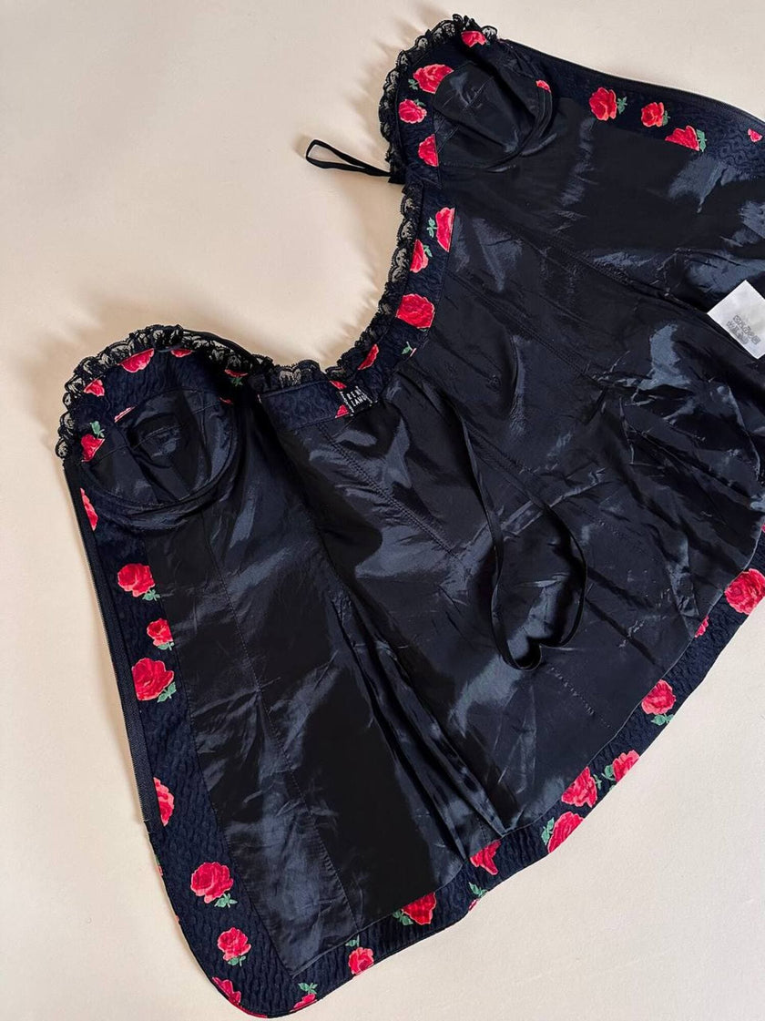 Bustier nero fantasia rose rosse in seta operata “Rena Lange”