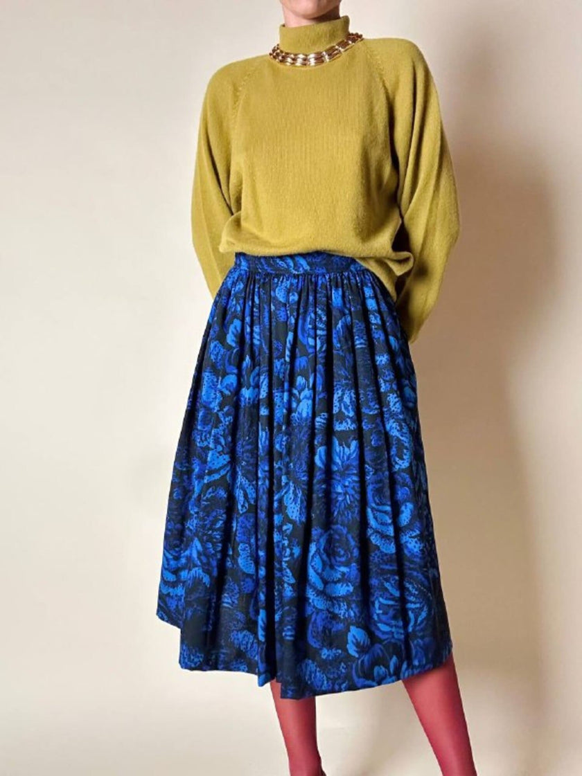 Gonna a ruota Yves Saint Laurent Variation in lana blu elettrico con fantasia floreale nera