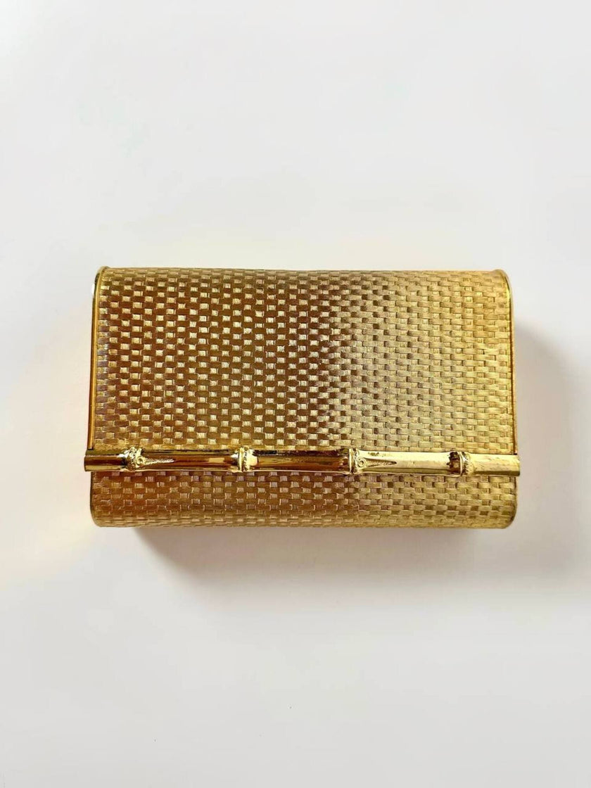 Clutch-Minaudière vintage in metallo oro satinato con dettaglio bambù