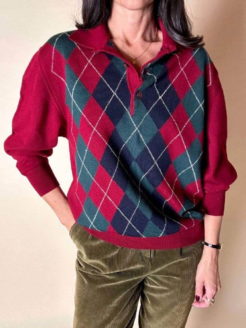 Pullover Yves Saint Laurent fantasia Argyle rosso Borgogna verde inglese e blu notte