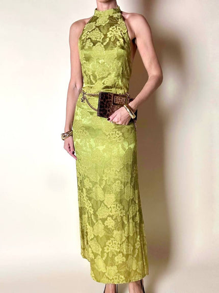 Abito vintage sartoriale con scollo all’americana in seta jacquard verde acido fantasia floreale