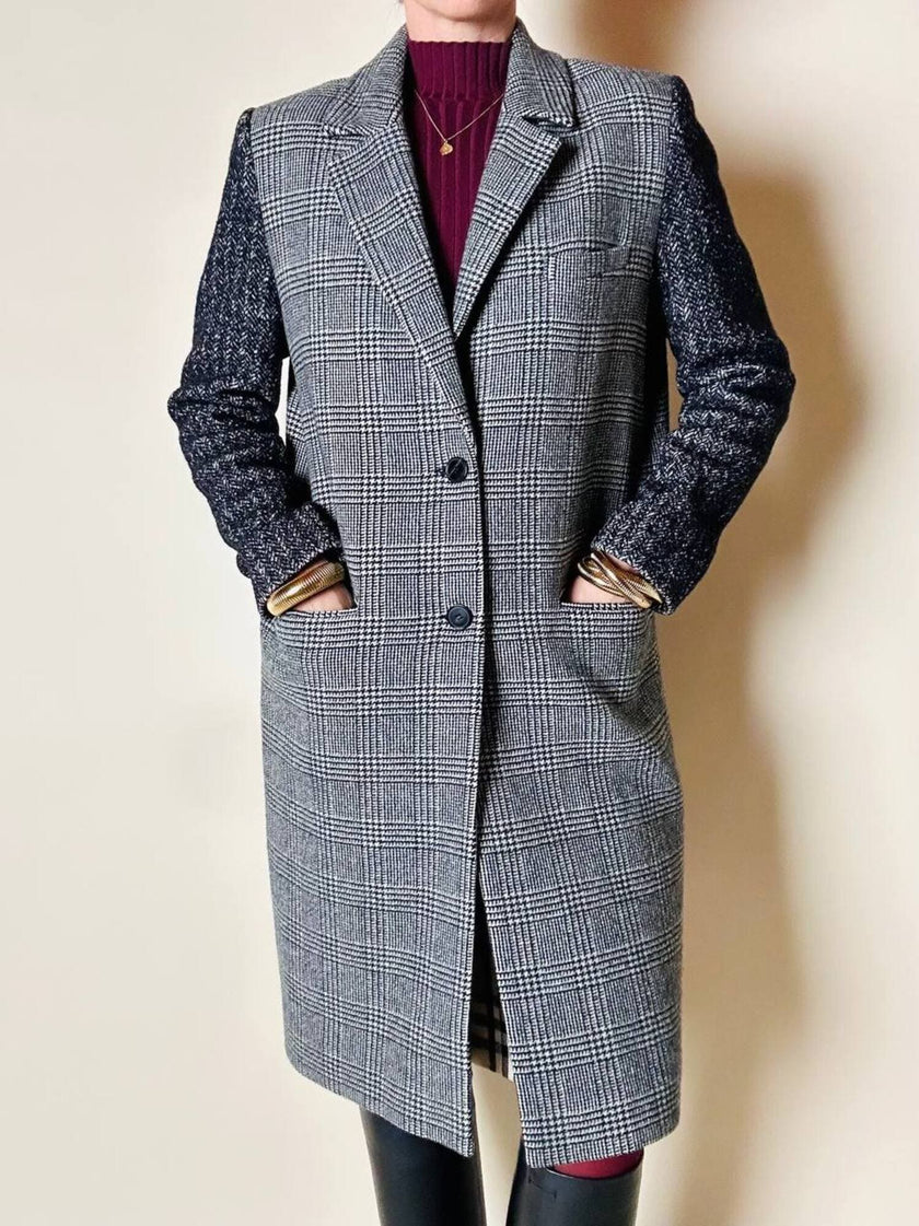 Cappotto Masscob in lana Principe di Galles con maniche spinate e finiture in pelle nera