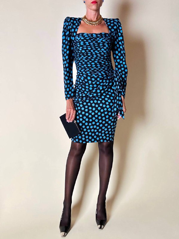 Abito in seta Ungaro Parallèle nero a pois celesti con fiocco laterale