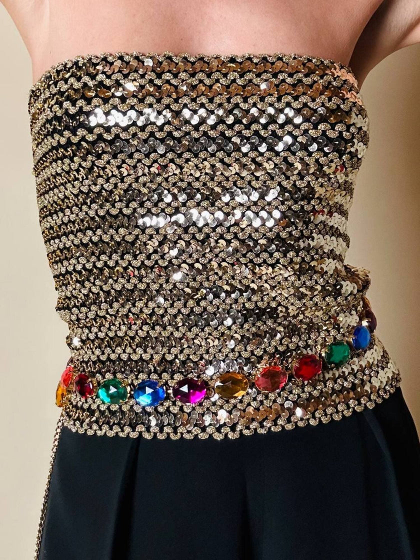 Top a fascia elasticizzato ricamato in paillettes e lurex oro