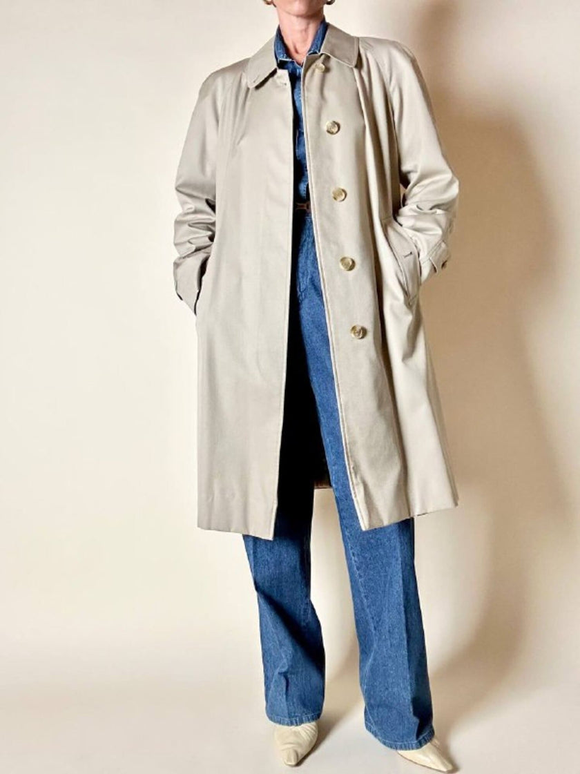 Vintage Burberry’s beige quill gabardine trench coat with matching belt and Check lining