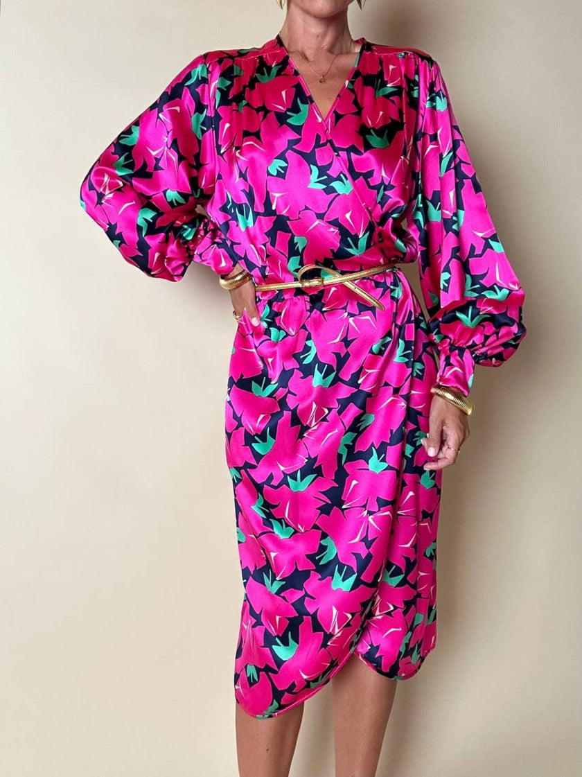 Vintage Yves Saint Laurent Wickelkleid aus Seidensatin mit Blumenmuster