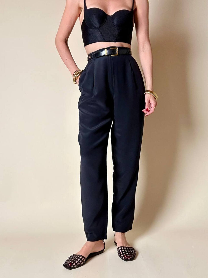 Pantalone nero a vita alta in pura seta “Pancaldi”