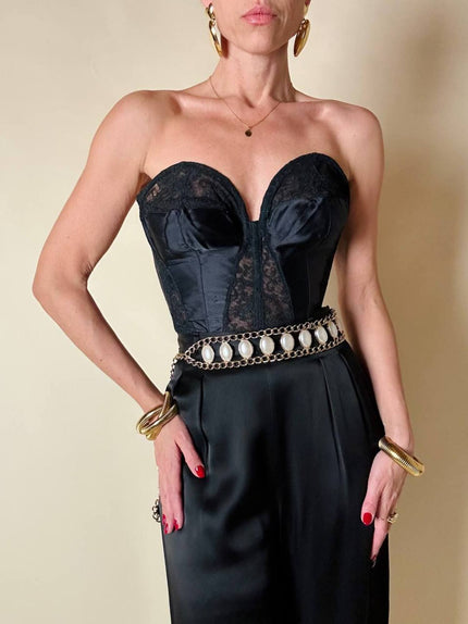 Bustier in raso di seta e pizzo nero “Ponsesina”