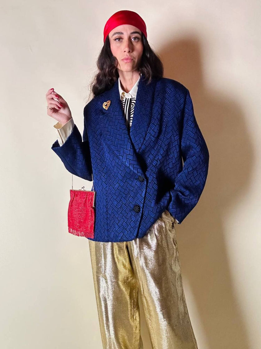 Blazer doppio petto in broccato blu Cina con bottoni gioiello