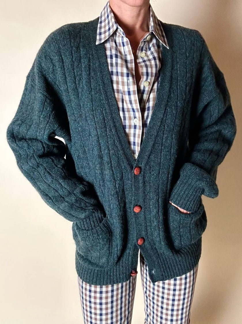 Cardigan Yves Saint Laurent in lana verde inglese con bottoni berlebeck