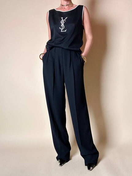 Canottiera in cotone nero con maxi logo ricamato “Yves Saint Laurent”