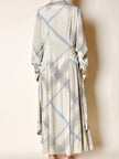 Abito Guy Laroche in crepe beige fantasia geometrica nera e azzurra
