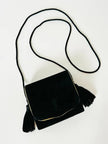 Pochette Beauté vintage Yves Saint Laurent in camoscio nero con nappine e specchio