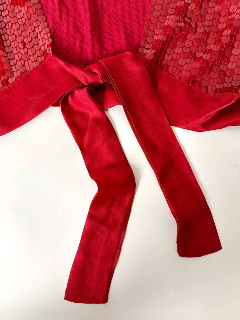 Top-Bolero vintage rosso con taglio a mantellina in seta ricamato con paillettes