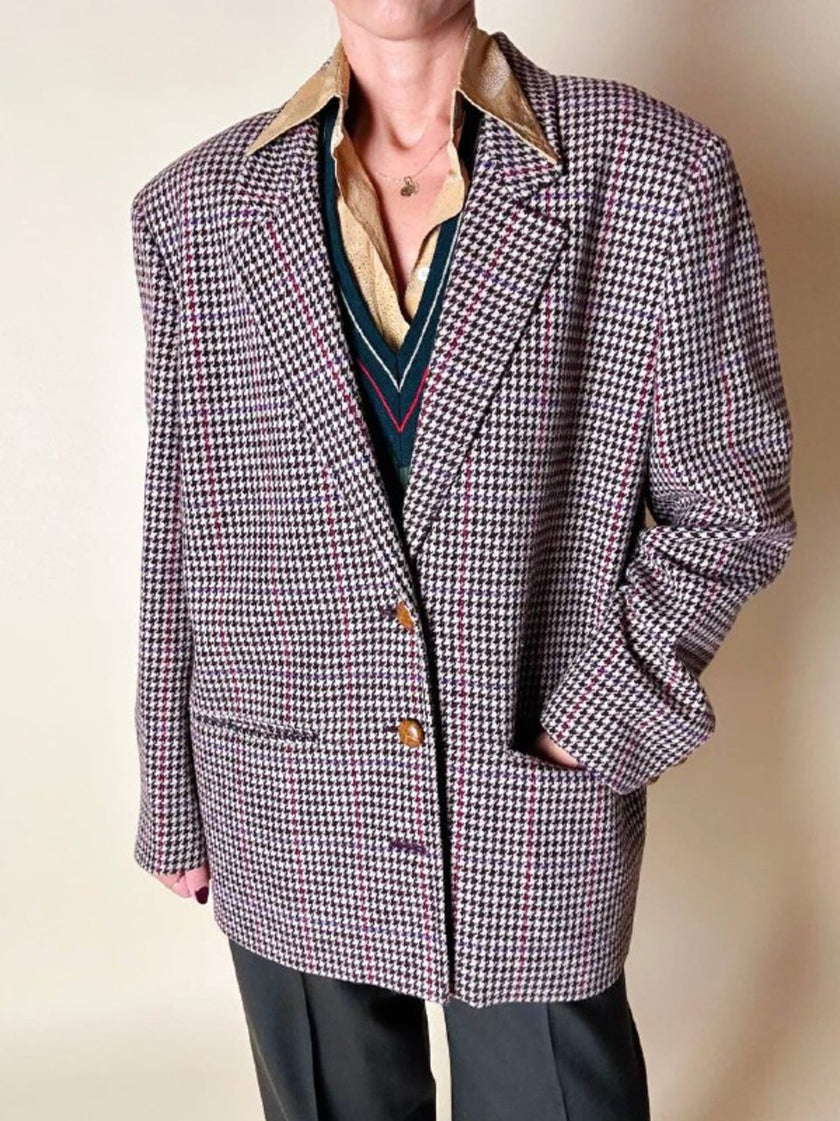 Blazer United Class Coll Colors Benetton in lana pied de poule beige e cioccolato con bottoni berlebeck