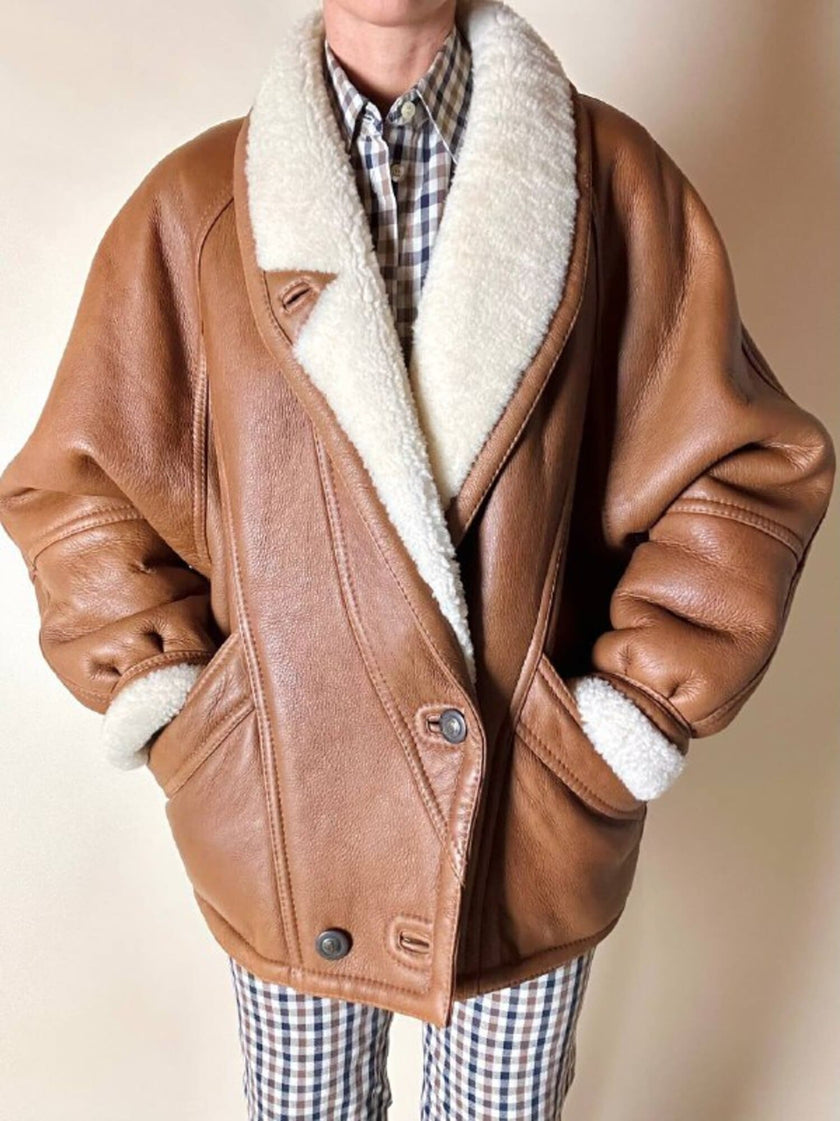 Schearling doppiopetto in pelle color cuoio con vello naturale Shearling Original