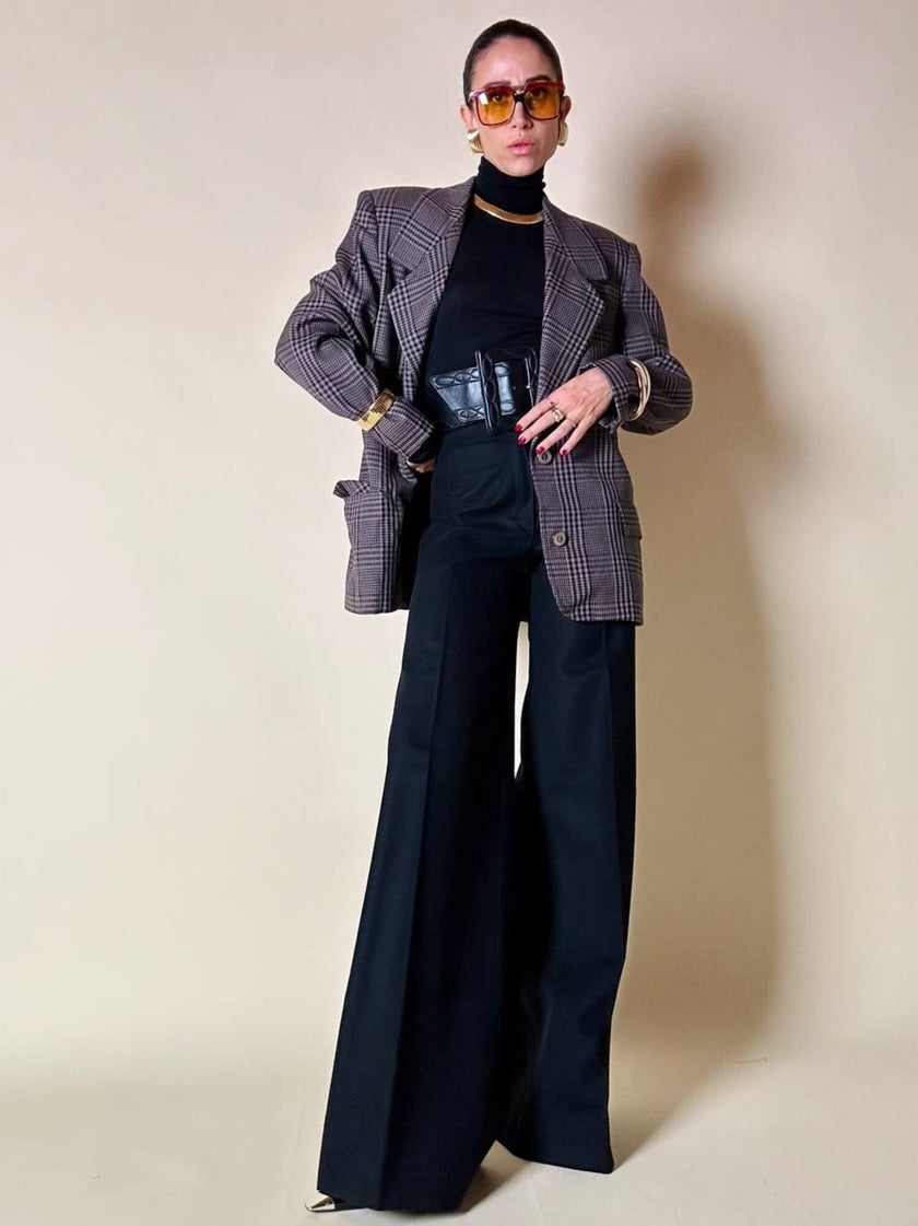 Blazer sartoriale in rasato di lana principe di Galles fango e nero