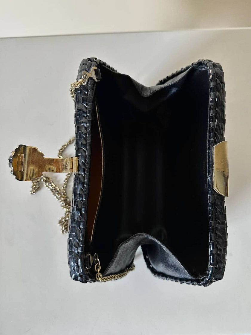 Borsa vintage Rodo in midollino nero con tracolla a catena oro