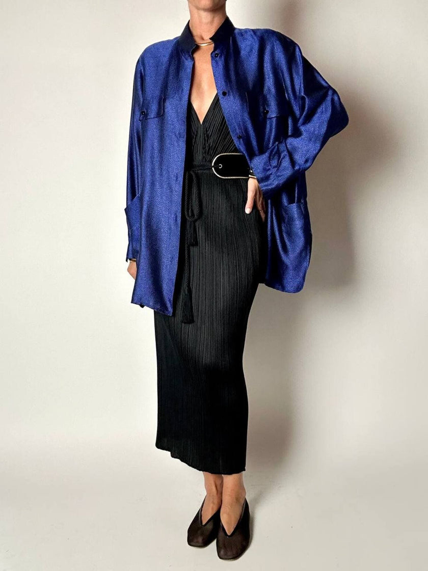 Giacca-camicia vintage in tessuto jacquard bluette